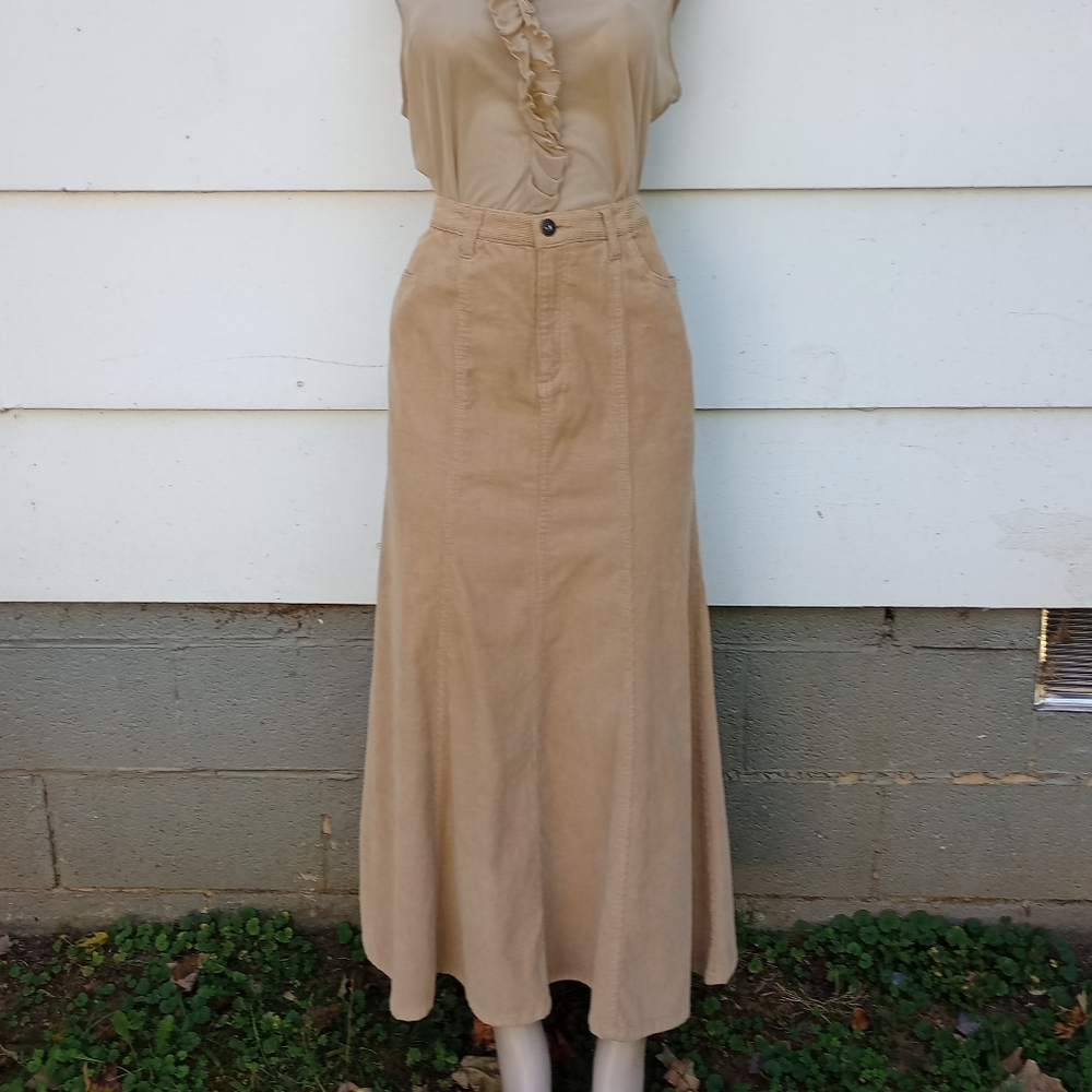 Vintage Khaki Corduroy Skirt Tall Length